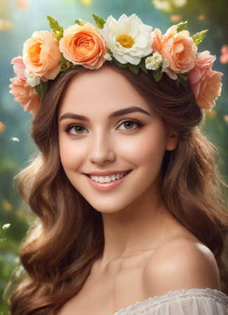 Portrait of a smiling beautiful young woman with a wreath of flowers on her head.の素材