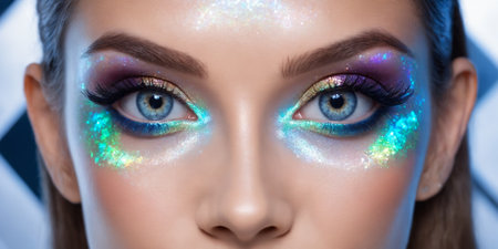Closeup portrait of European beautiful woman with shiny holographic makeupの素材