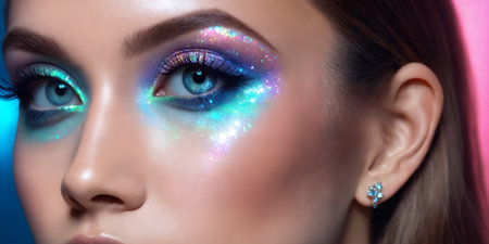 Closeup portrait of European beautiful woman with shiny holographic makeupの素材