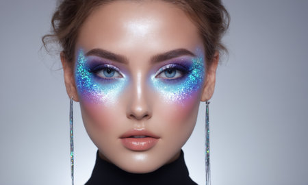 Closeup portrait of European beautiful woman with shiny holographic makeupの素材