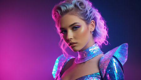 Portrait of a European beautiful woman with shiny holographic makeup in a shiny dressの素材