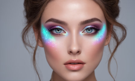 Closeup portrait of European beautiful woman with shiny holographic makeupの素材