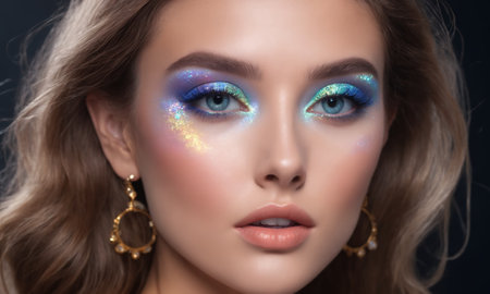 Closeup portrait of European beautiful woman with shiny holographic makeupの素材