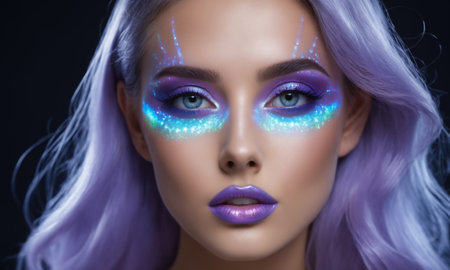 Fashion portrait of beautiful girl with blue and purple make-upの素材