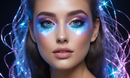 Portrait of beautiful young woman with bright make-up and sparkles on her faceの素材