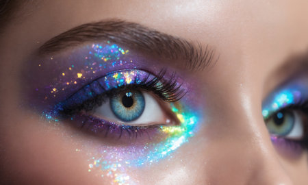 Beautiful woman eye with multicolored make-up and sparklesの素材