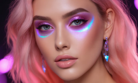 Close-up portrait of a beautiful girl with pink hair and bright makeup.の素材