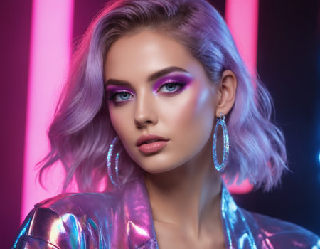 Portrait of a beautiful young woman with bright make-up and hairstyleの素材