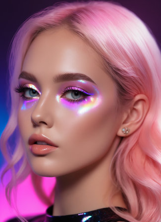 Fashion portrait of young beautiful woman with pink hair and bright makeup.の素材