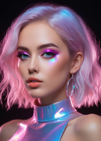 Fashion portrait of beautiful girl with pink hair and blue make-upの素材