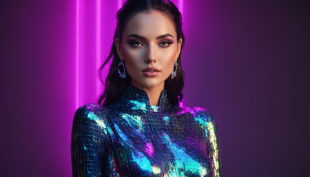 Fashion portrait of young beautiful woman in neon light. Portrait of beautiful girl with bright make-up.の素材