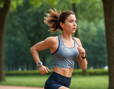 A person is running in the serene environment of a lush green park on a refreshing morning. The man is dressed in sportswear and looks focused on training. The image radiates a feeling of vitality and well-being.の素材