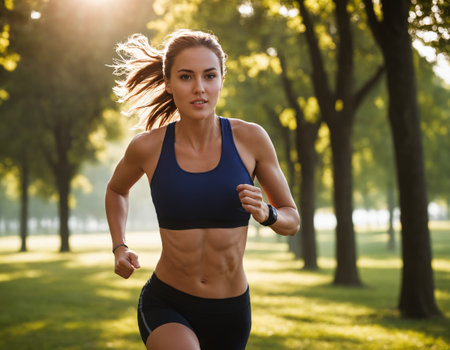 A person is running in the serene environment of a lush green park on a refreshing morning. The man is dressed in sportswear and looks focused on training. The image radiates a feeling of vitality and well-being.の素材