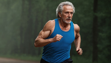 An energetic senior man in athletic wear runs on a serene nature trail. Surrounded by lush greenery under a clear sky, the image captures the essence of an active and healthy lifestyle in older age.の素材