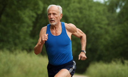 An energetic senior man in athletic wear runs on a serene nature trail. Surrounded by lush greenery under a clear sky, the image captures the essence of an active and healthy lifestyle in older age.の素材