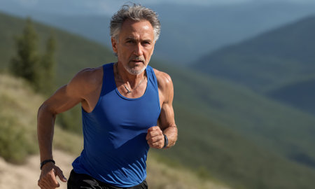 An energetic senior man in athletic wear runs on a serene nature trail. Surrounded by lush greenery under a clear sky, the image captures the essence of an active and healthy lifestyle in older age.の素材