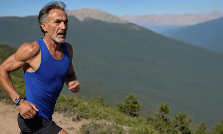 An energetic senior man in athletic wear runs on a serene nature trail. Surrounded by lush greenery under a clear sky, the image captures the essence of an active and healthy lifestyle in older age.の素材