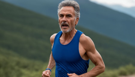 An energetic senior man in athletic wear runs on a serene nature trail. Surrounded by lush greenery under a clear sky, the image captures the essence of an active and healthy lifestyle in older age.の素材