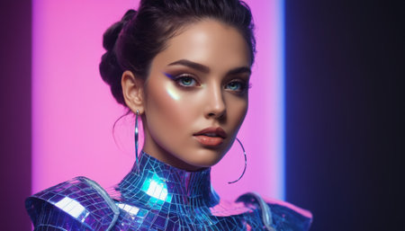 Portrait of a European beautiful woman with shiny holographic makeup in a shiny dressの素材