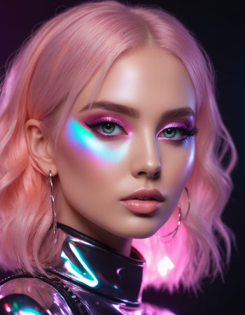 Portrait of a European beautiful woman with shiny holographic makeup in a shiny dressの素材