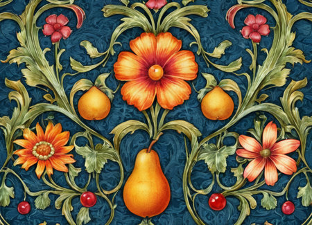 A captivating artwork featuring a symmetrical display of lush green vines intertwined with blooming flowers and hanging fruits. The classical design exudes an aura of natural elegance and vintage charm. Ideal for enhancing the aesthetic appeal of any space.の素材