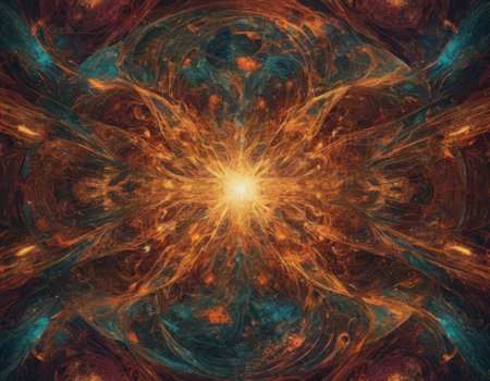 A mesmerizing swirl of vibrant colors that seems to depict a cosmic dance. The intertwining hues of blue and orange create a visually stunning abstract artwork full of energy and movementの素材