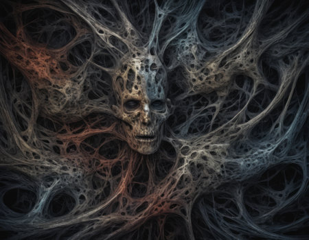 Two skulls enveloped in a dance of ethereal threads symbolizing an eternal connection. The artwork exudes a haunting yet beautiful aura. Ideal for themes of love beyond life and mystical energies.の素材