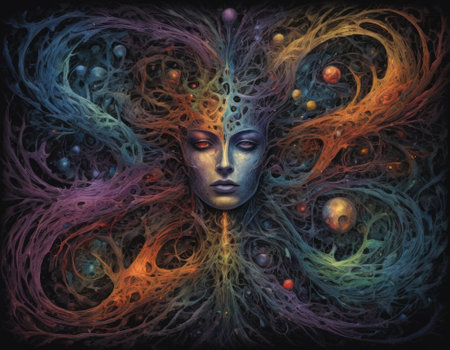 Two skulls enveloped in a dance of ethereal threads symbolizing an eternal connection. The artwork exudes a haunting yet beautiful aura. Ideal for themes of love beyond life and mystical energies.の素材