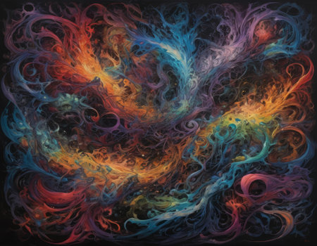 A mesmerizing swirl of vibrant colors that seems to depict a cosmic dance. The intertwining hues of blue and orange create a visually stunning abstract artwork full of energy and movementの素材