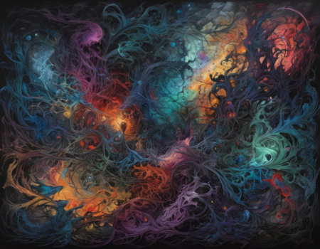 A mesmerizing swirl of vibrant colors that seems to depict a cosmic dance. The intertwining hues of blue and orange create a visually stunning abstract artwork full of energy and movementの素材