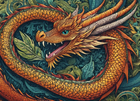 A close-up of a majestic dragon with intricate scales amidst a backdrop of vibrant swirling colors. The mythical creature s eyes gleam with mystery as it emerges from the fantastical ambiance.の素材