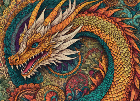 A close-up of a majestic dragon with intricate scales amidst a backdrop of vibrant swirling colors. The mythical creature s eyes gleam with mystery as it emerges from the fantastical ambiance.の素材