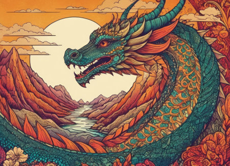 A close-up of a majestic dragon with intricate scales amidst a backdrop of vibrant swirling colors. The mythical creature s eyes gleam with mystery as it emerges from the fantastical ambiance.の素材