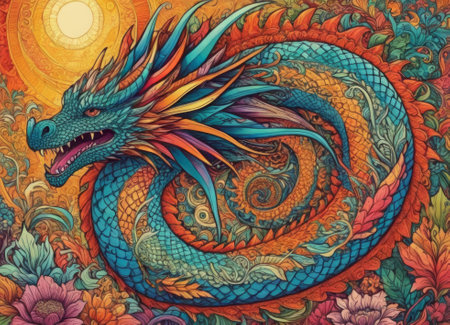 A close-up of a majestic dragon with intricate scales amidst a backdrop of vibrant swirling colors. The mythical creature s eyes gleam with mystery as it emerges from the fantastical ambiance.の素材