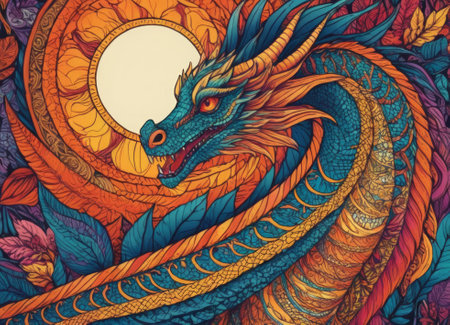A close-up of a majestic dragon with intricate scales amidst a backdrop of vibrant swirling colors. The mythical creature s eyes gleam with mystery as it emerges from the fantastical ambiance.の素材