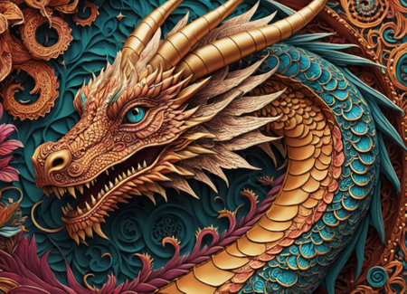 A close-up of a majestic dragon with intricate scales amidst a backdrop of vibrant swirling colors. The mythical creature s eyes gleam with mystery as it emerges from the fantastical ambiance.の素材