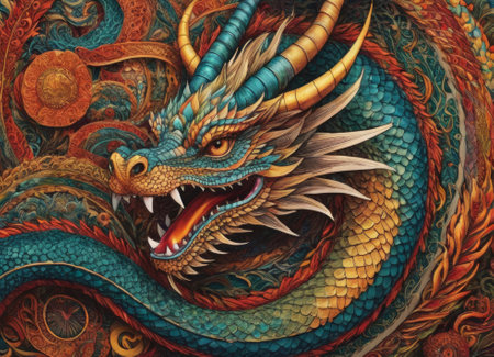 A close-up of a majestic dragon with intricate scales amidst a backdrop of vibrant swirling colors. The mythical creature s eyes gleam with mystery as it emerges from the fantastical ambiance.の素材
