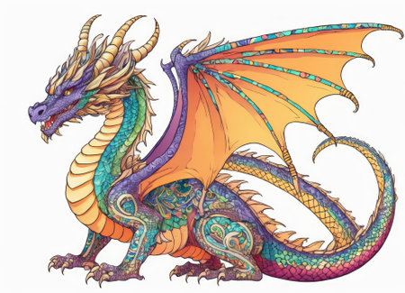 Dragon with ornate scales on white backgroundの素材