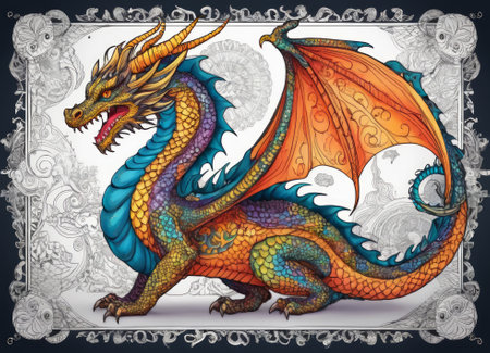 Dragon with ornate scales on white backgroundの素材