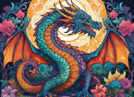 Majestic colorful dragon among bright colorsの素材