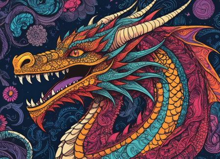 A close-up of a majestic dragon with intricate scales amidst a backdrop of vibrant swirling colors. The mythical creature s eyes gleam with mystery as it emerges from the fantastical ambiance.の素材