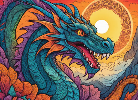 A close-up of a majestic dragon with intricate scales amidst a backdrop of vibrant swirling colors. The mythical creature s eyes gleam with mystery as it emerges from the fantastical ambiance.の素材