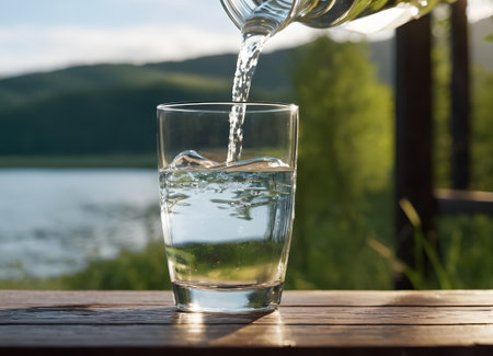 A serene and refreshing moment when water is poured into a glass. Glass placed on a wooden surface, pure nature in the backgroundの素材