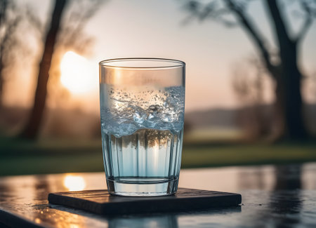 A serene and refreshing moment when water is poured into a glass. Glass placed on a wooden surface, pure nature in the backgroundの素材