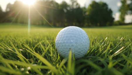 A close-up view of a white golf ball bathed in sunlight as it rests on the vibrant green grass of a well-maintained field. The sun casts a warm glow highlighting the texture of the ball and grass.の素材