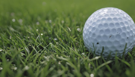 A close-up view of a white golf ball bathed in sunlight as it rests on the vibrant green grass of a well-maintained field. The sun casts a warm glow highlighting the texture of the ball and grass.の素材