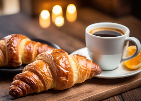 Morning breakfast. Croissant and coffee on the table. A beautiful image of a delightful and cozy breakfast or snack setting.の素材