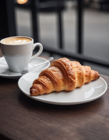 A fresh croissant and a cup of coffee elegantly placed on a wooden table with a beautiful city street view in the background. The warm morning light enhances the inviting atmosphere. Ideal for content related to food and travel.の素材