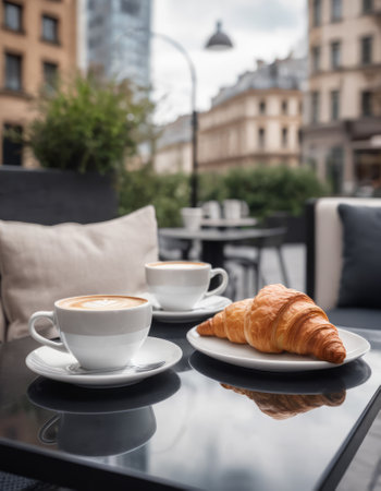 A fresh croissant and a cup of coffee elegantly placed on a wooden table with a beautiful city street view in the background. The warm morning light enhances the inviting atmosphere. Ideal for content related to food and travel.の素材