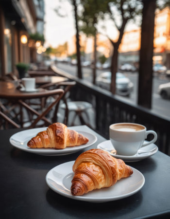 Croissant and cup of coffee on a table outside. Morning breakfast in a cozy European cityの素材